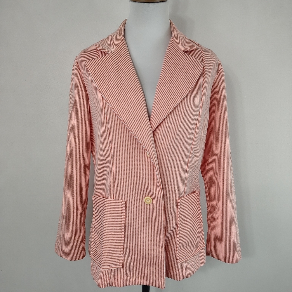 Vintage 70s Women's Pink and White Striped Blazer Classic Chic Elegant